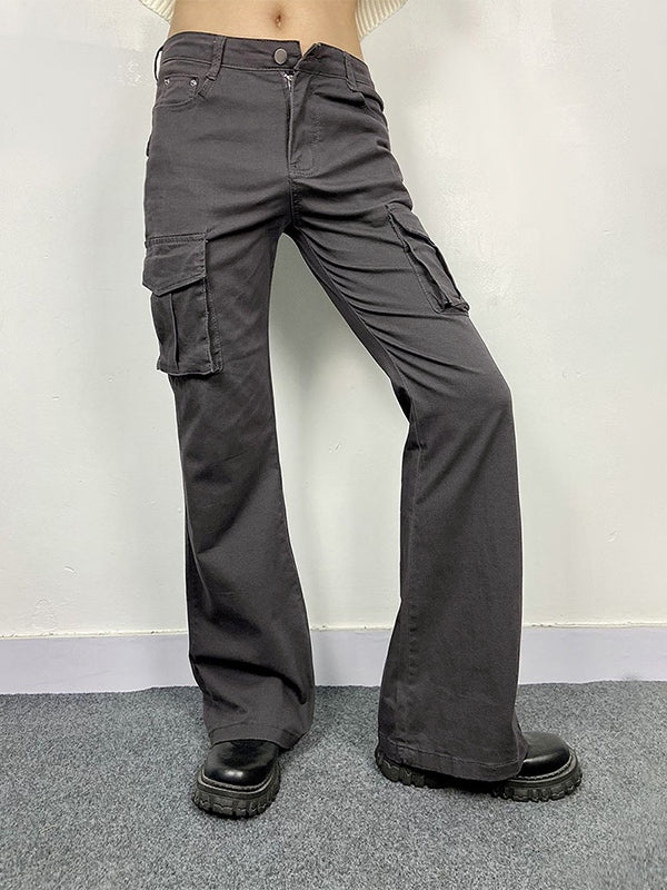 GRAY CARGO FLARE PANTS WITH CONVENIENT FLAP POCKETS