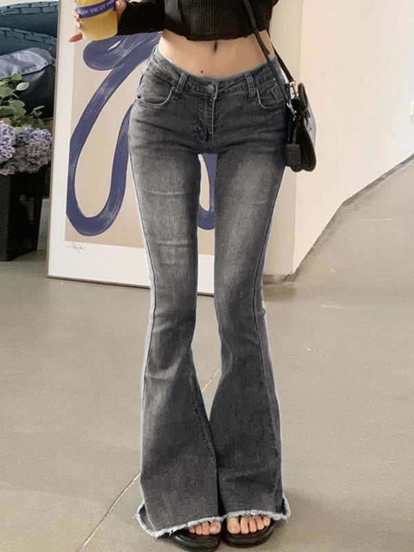 GRAY DENIM BELL-BOTTOM JEANS WITH LOW WAIST AND Y2K WASHED STRETCH