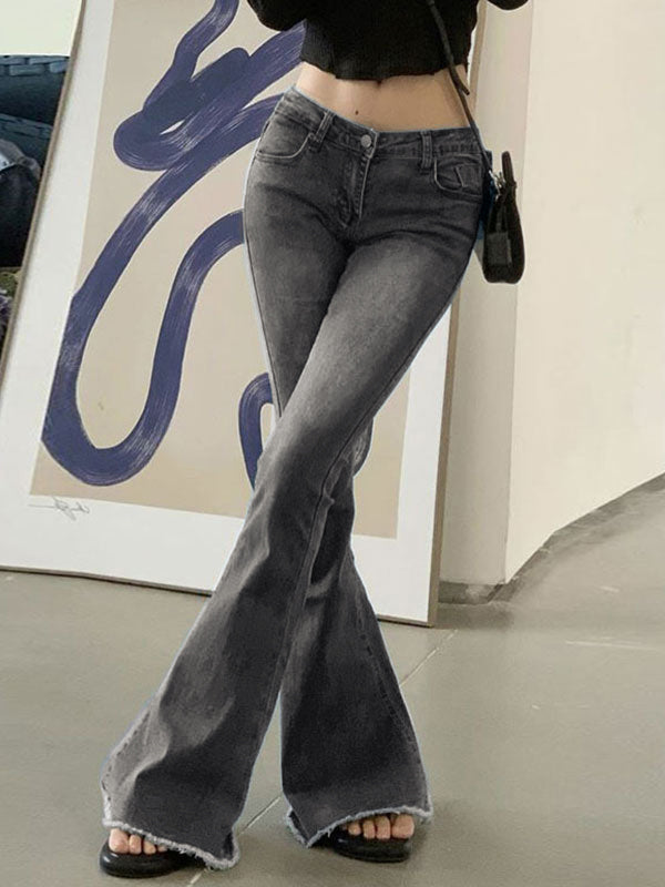 GRAY DENIM BELL-BOTTOM JEANS WITH LOW WAIST AND Y2K WASHED STRETCH