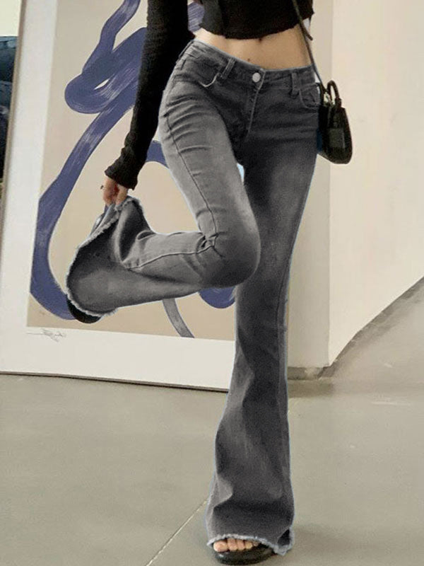 GRAY DENIM BELL-BOTTOM JEANS WITH LOW WAIST AND Y2K WASHED STRETCH