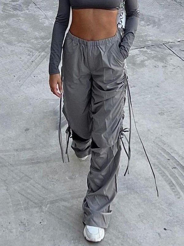 GRAY DRAWSTRING CARGO PANTS CHIC LOOSE PARACHUTE STYLE