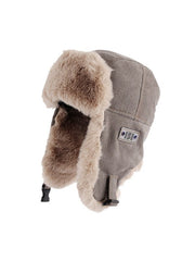 GRAY FAUX FUR TRAPPER HAT WITH VINTAGE PATCH FOR WINTER WARMTH
