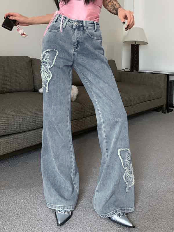 GRAY FLARED TROUSERS WITH ELEGANT BUTTERFLY EMBROIDERY