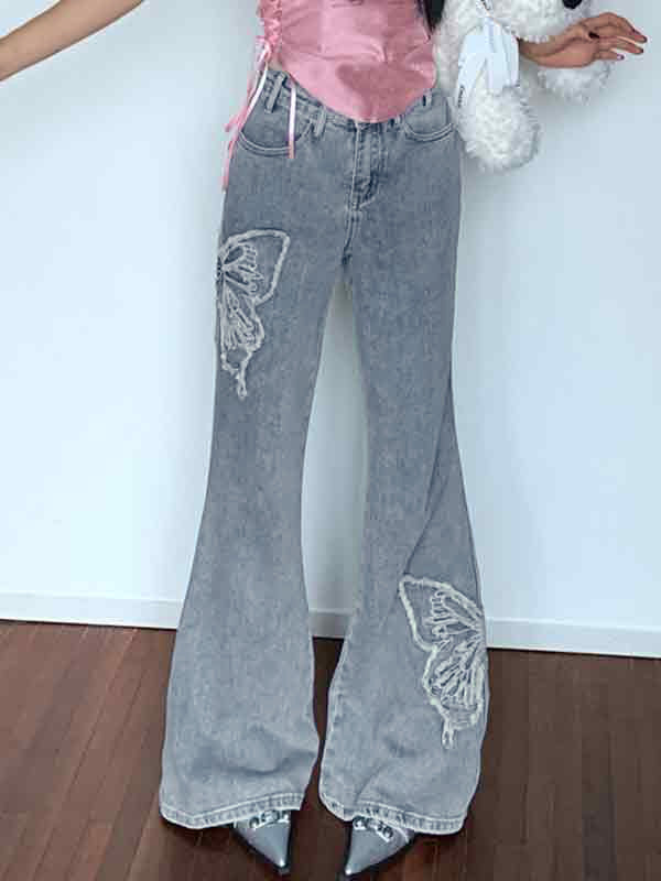 GRAY FLARED TROUSERS WITH ELEGANT BUTTERFLY EMBROIDERY