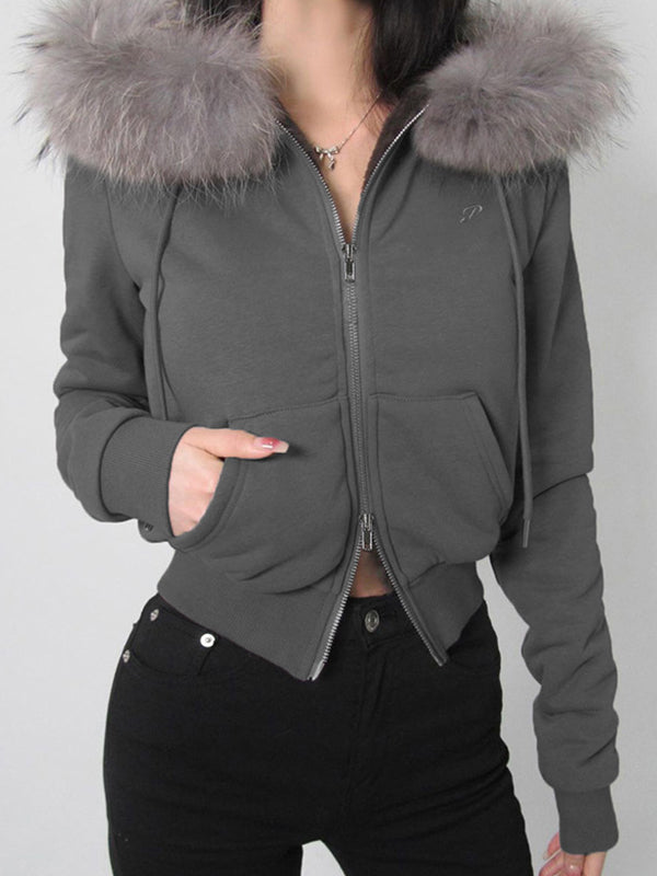 GRAY FUR TRIM ZIP-UP HOODIE VINTAGE-INSPIRED LOOSE JACKET WITH LETTER EMBROIDERY