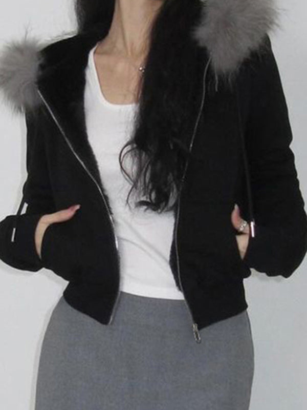 GRAY FUR TRIM ZIP-UP HOODIE VINTAGE-INSPIRED LOOSE JACKET WITH LETTER EMBROIDERY