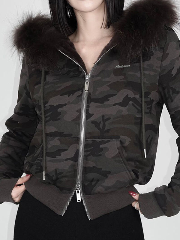 GRAY FUR TRIM ZIP-UP HOODIE VINTAGE-INSPIRED LOOSE JACKET WITH LETTER EMBROIDERY