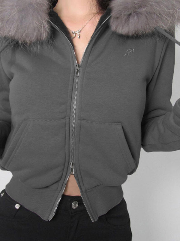 GRAY FUR TRIM ZIP-UP HOODIE VINTAGE-INSPIRED LOOSE JACKET WITH LETTER EMBROIDERY