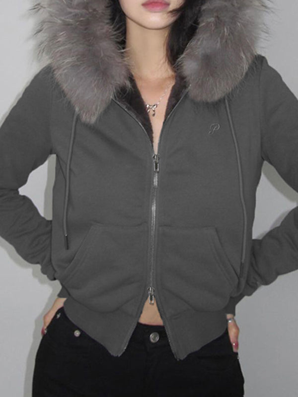 GRAY FUR TRIM ZIP-UP HOODIE VINTAGE-INSPIRED LOOSE JACKET WITH LETTER EMBROIDERY
