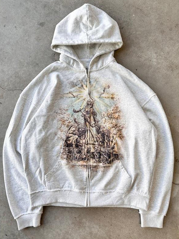 GRAY GRAPHIC PRINT OVERSIZED COTTON BLEND HOODIE