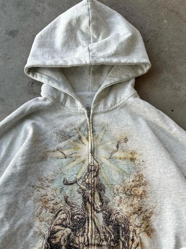 GRAY GRAPHIC PRINT OVERSIZED COTTON BLEND HOODIE