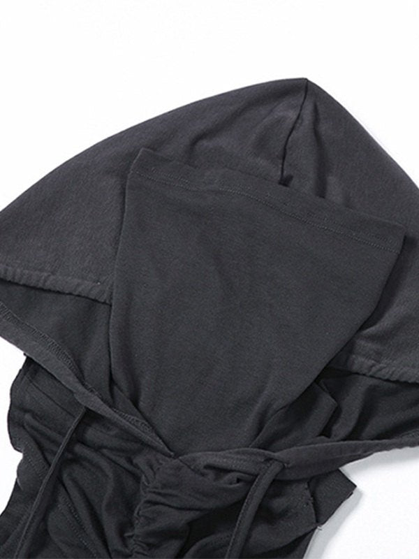 GRAY HOODED CROP TOP WITH FACE COVERING AND BANDANA DESIGN TIE