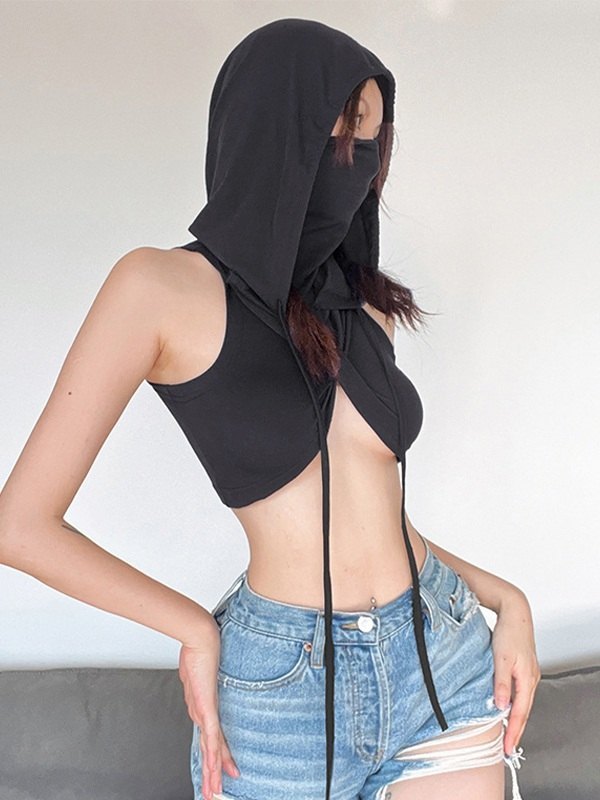GRAY HOODED CROP TOP WITH FACE COVERING AND BANDANA DESIGN TIE