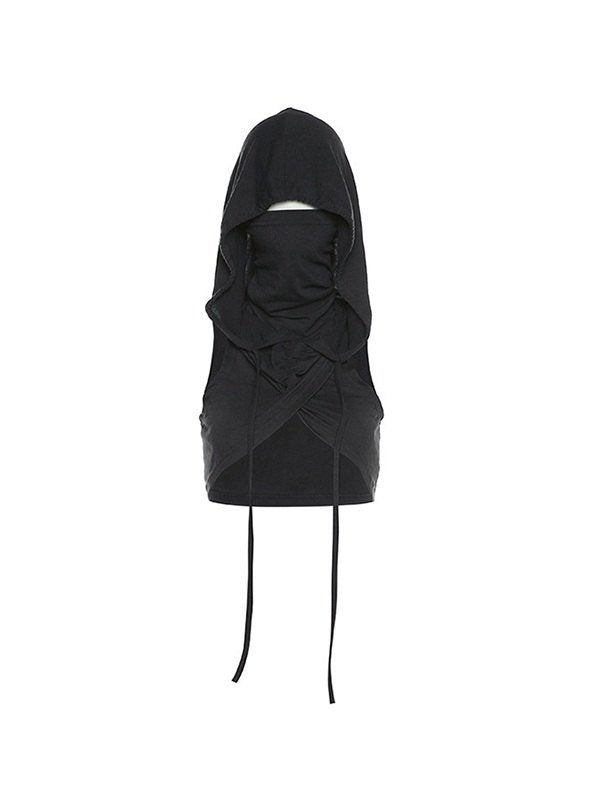 GRAY HOODED CROP TOP WITH FACE COVERING AND BANDANA DESIGN TIE
