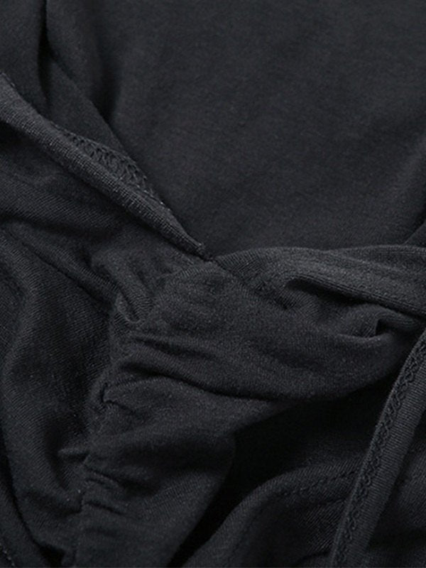 GRAY HOODED CROP TOP WITH FACE COVERING AND BANDANA DESIGN TIE