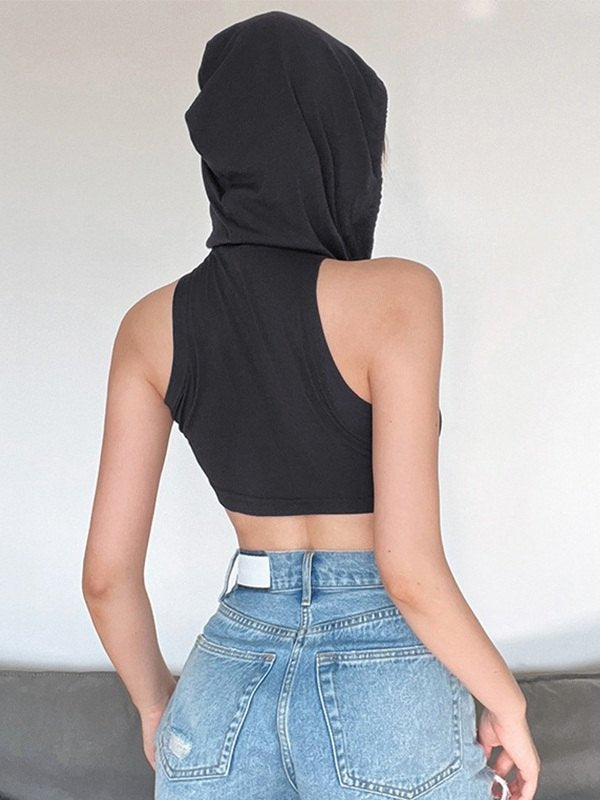 GRAY HOODED CROP TOP WITH FACE COVERING AND BANDANA DESIGN TIE