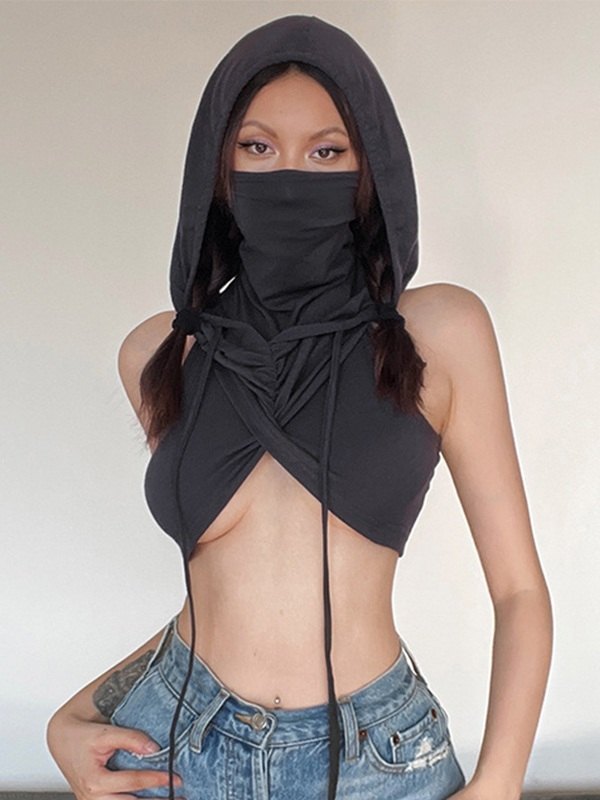 GRAY HOODED CROP TOP WITH FACE COVERING AND BANDANA DESIGN TIE