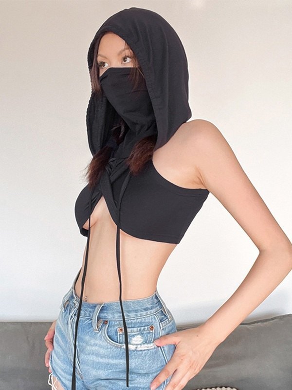 GRAY HOODED CROP TOP WITH FACE COVERING AND BANDANA DESIGN TIE