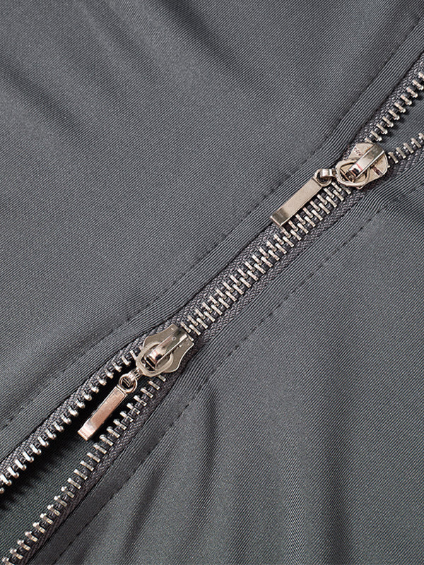 GRAY HOODED CROP TOP WITH ZIPPER DESIGN IN SLIM FIT