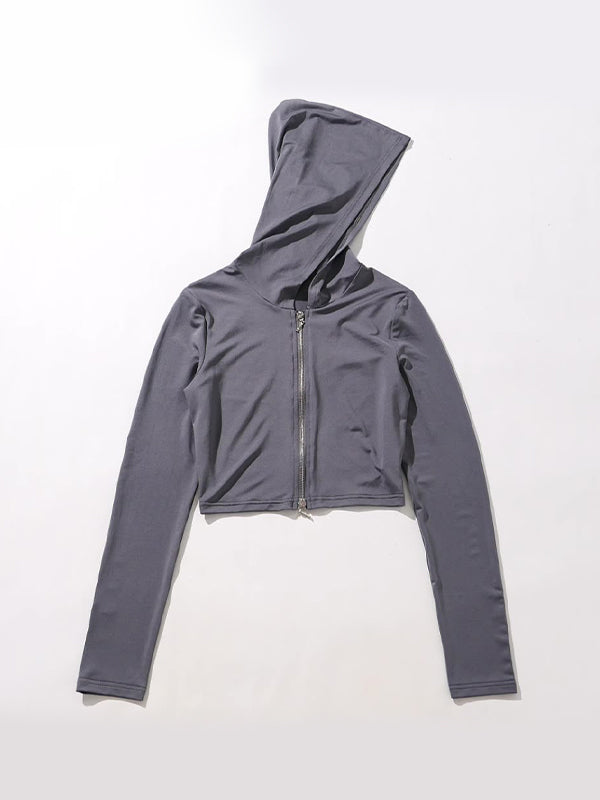 GRAY HOODED CROP TOP WITH ZIPPER DESIGN IN SLIM FIT