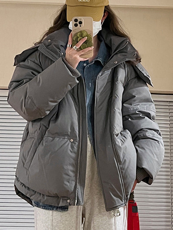 GRAY HOODED PUFFER JACKET WITH HEART EMBELLISHMENTS