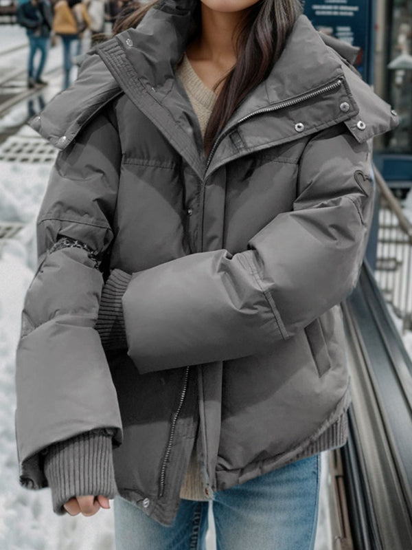 GRAY HOODED PUFFER JACKET WITH HEART EMBELLISHMENTS