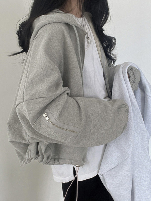 GRAY HOODED ZIP-UP SWEATSHIRT COTTON BLEND OVERSIZED