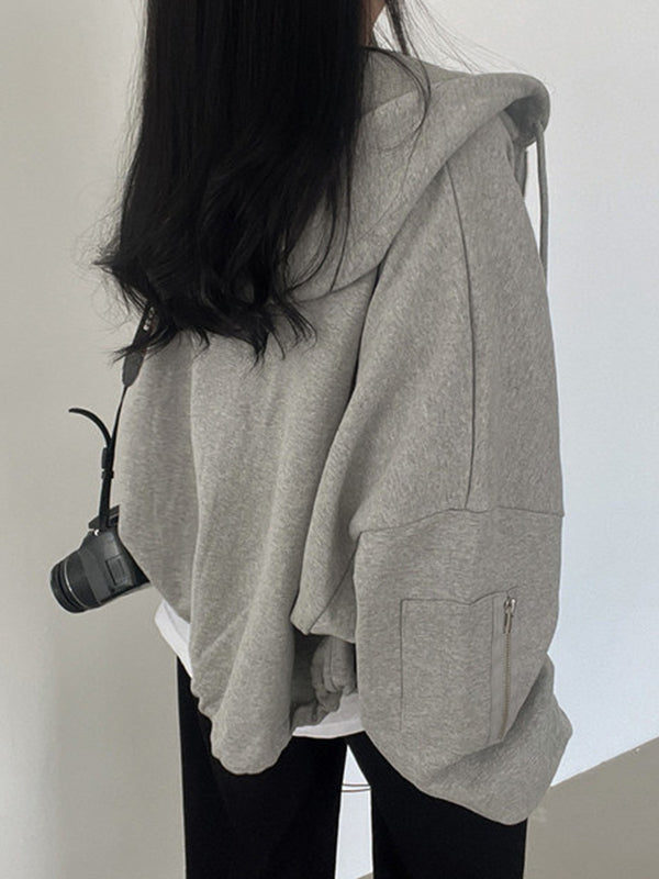 GRAY HOODED ZIP-UP SWEATSHIRT COTTON BLEND OVERSIZED
