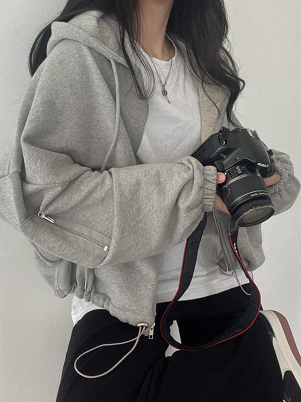 GRAY HOODED ZIP-UP SWEATSHIRT COTTON BLEND OVERSIZED