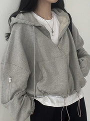 GRAY HOODED ZIP-UP SWEATSHIRT COTTON BLEND OVERSIZED