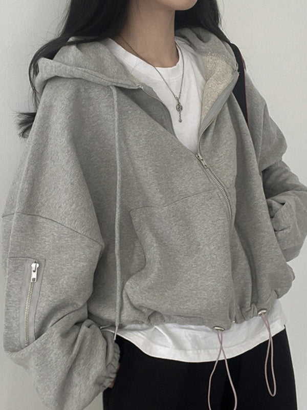 GRAY HOODED ZIP-UP SWEATSHIRT COTTON BLEND OVERSIZED