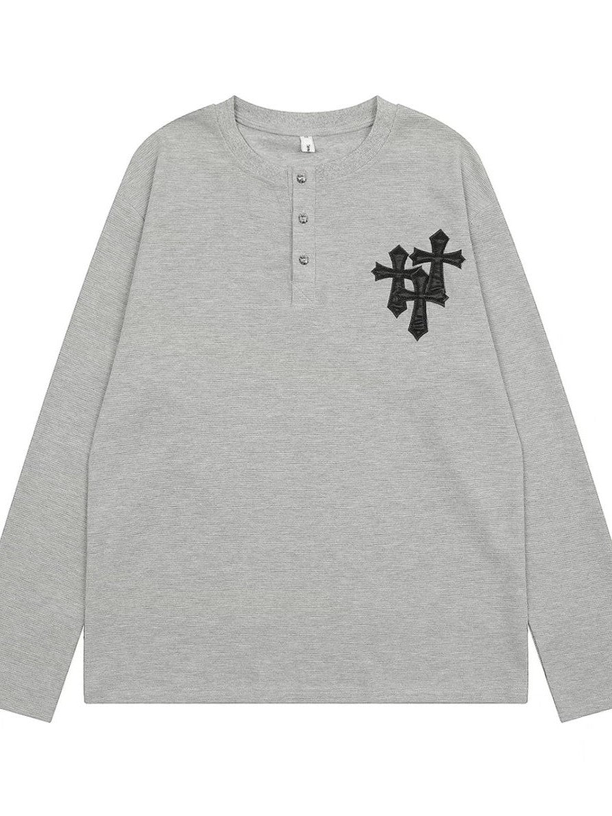 GRAY HOODIE AND JEANS OUTFIT WITH BOLD CROSS PRINT