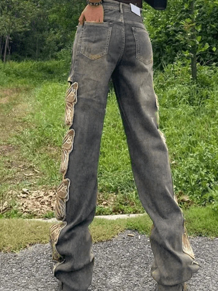 GRAY JEANS WITH BUTTERFLY CUTOUTS Y2K BUTTERFLY EMBROIDERY DESIGN