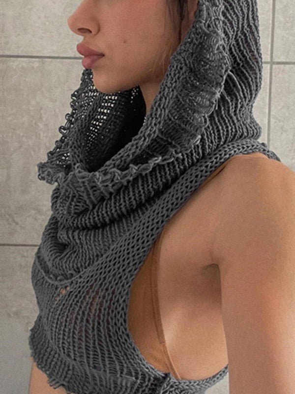 GRAY KNIT HOODED TOP STYLISH SLIM FIT TANK TOP