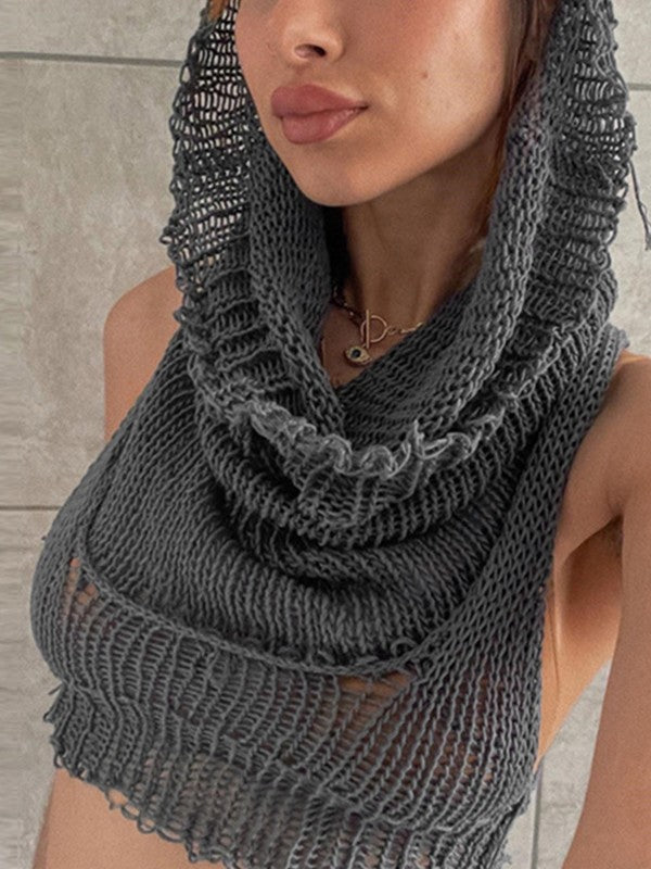 GRAY KNIT HOODED TOP STYLISH SLIM FIT TANK TOP