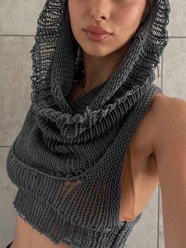GRAY KNIT HOODED TOP STYLISH SLIM FIT TANK TOP