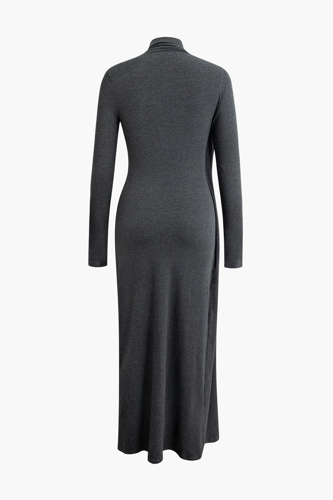 GRAY KNIT MOCK NECK DRESS WITH LONG SLEEVES AND THIGH-HIGH SLIT