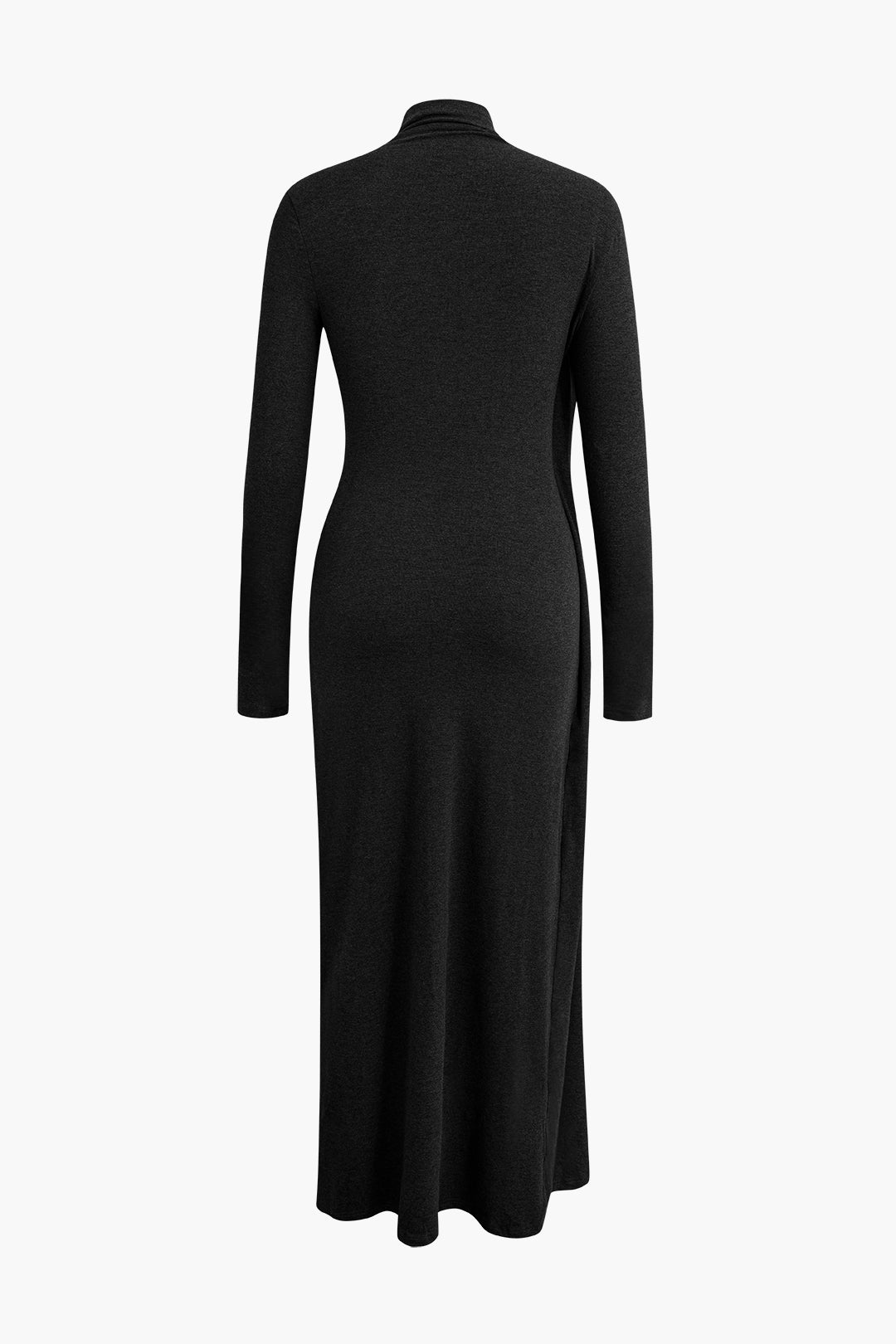 GRAY KNIT MOCK NECK DRESS WITH LONG SLEEVES AND THIGH-HIGH SLIT
