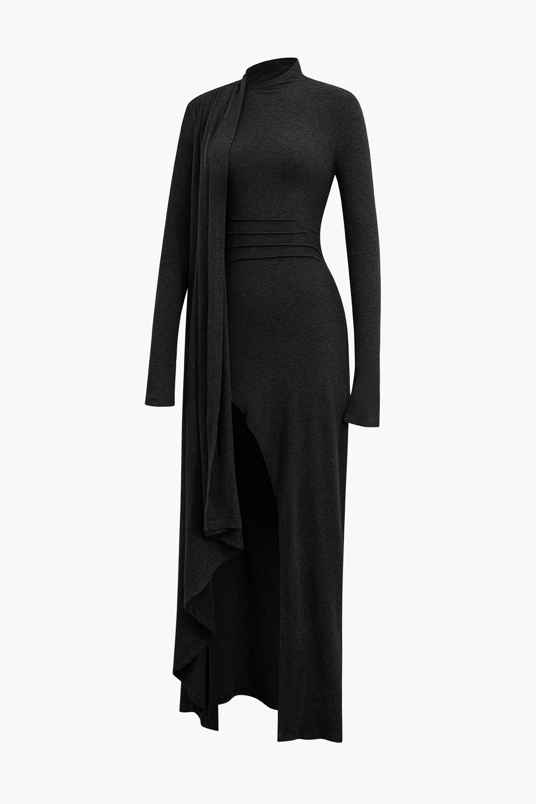 GRAY KNIT MOCK NECK DRESS WITH LONG SLEEVES AND THIGH-HIGH SLIT