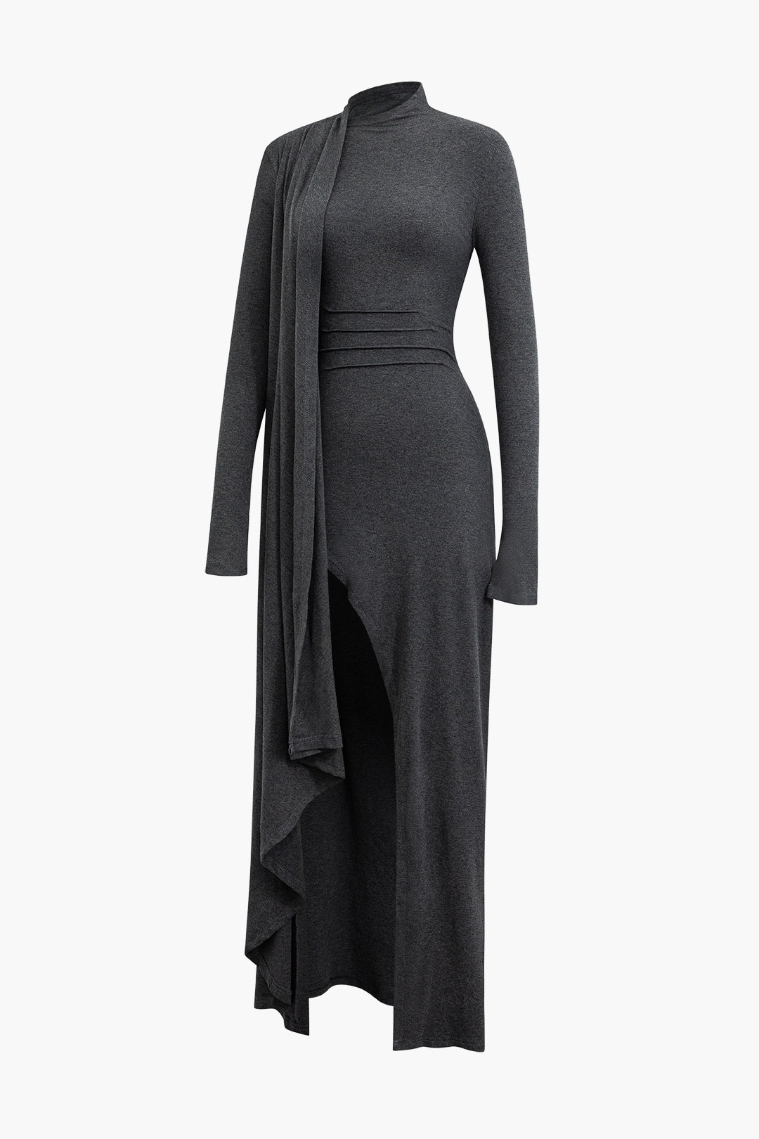 GRAY KNIT MOCK NECK DRESS WITH LONG SLEEVES AND THIGH-HIGH SLIT