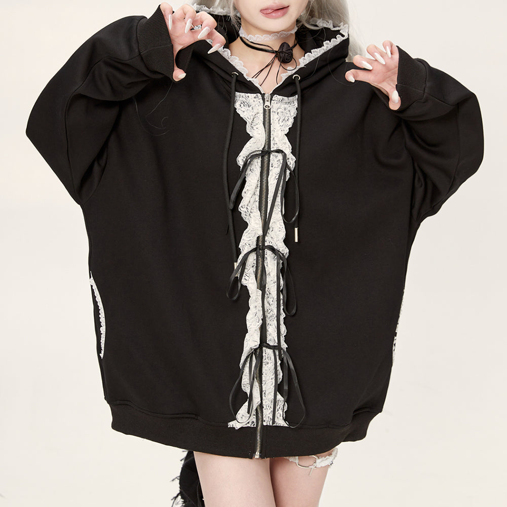 GRAY LACE TRIM COQUETTE HOODIE WITH RUFFLE DETAILS