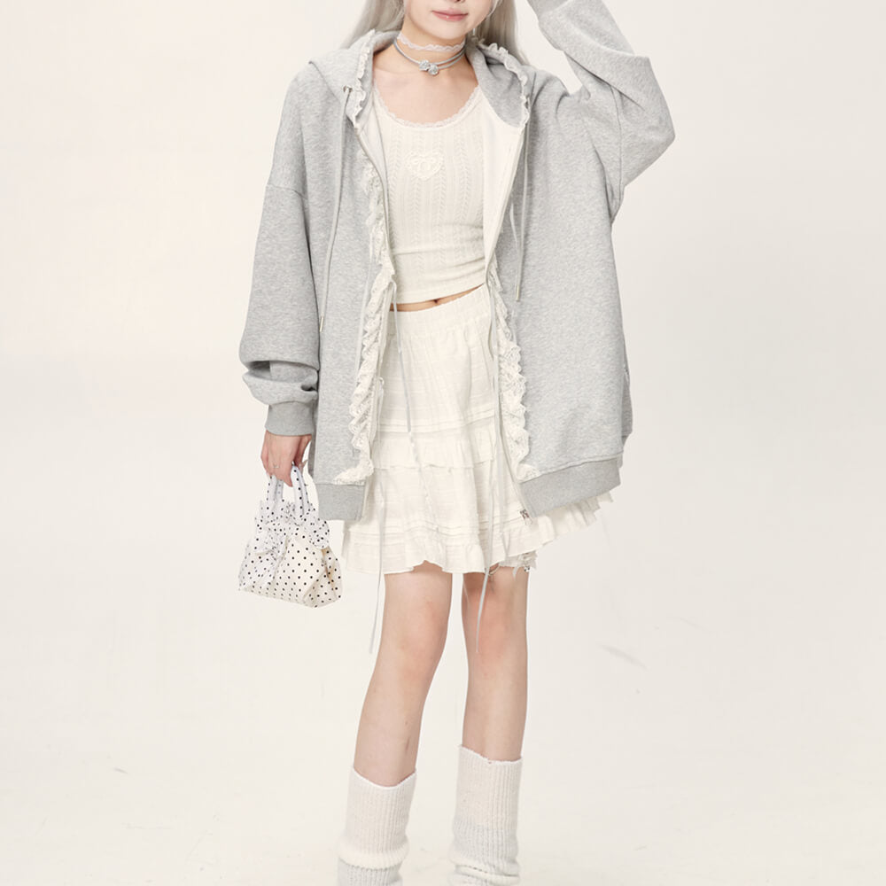 GRAY LACE TRIM COQUETTE HOODIE WITH RUFFLE DETAILS