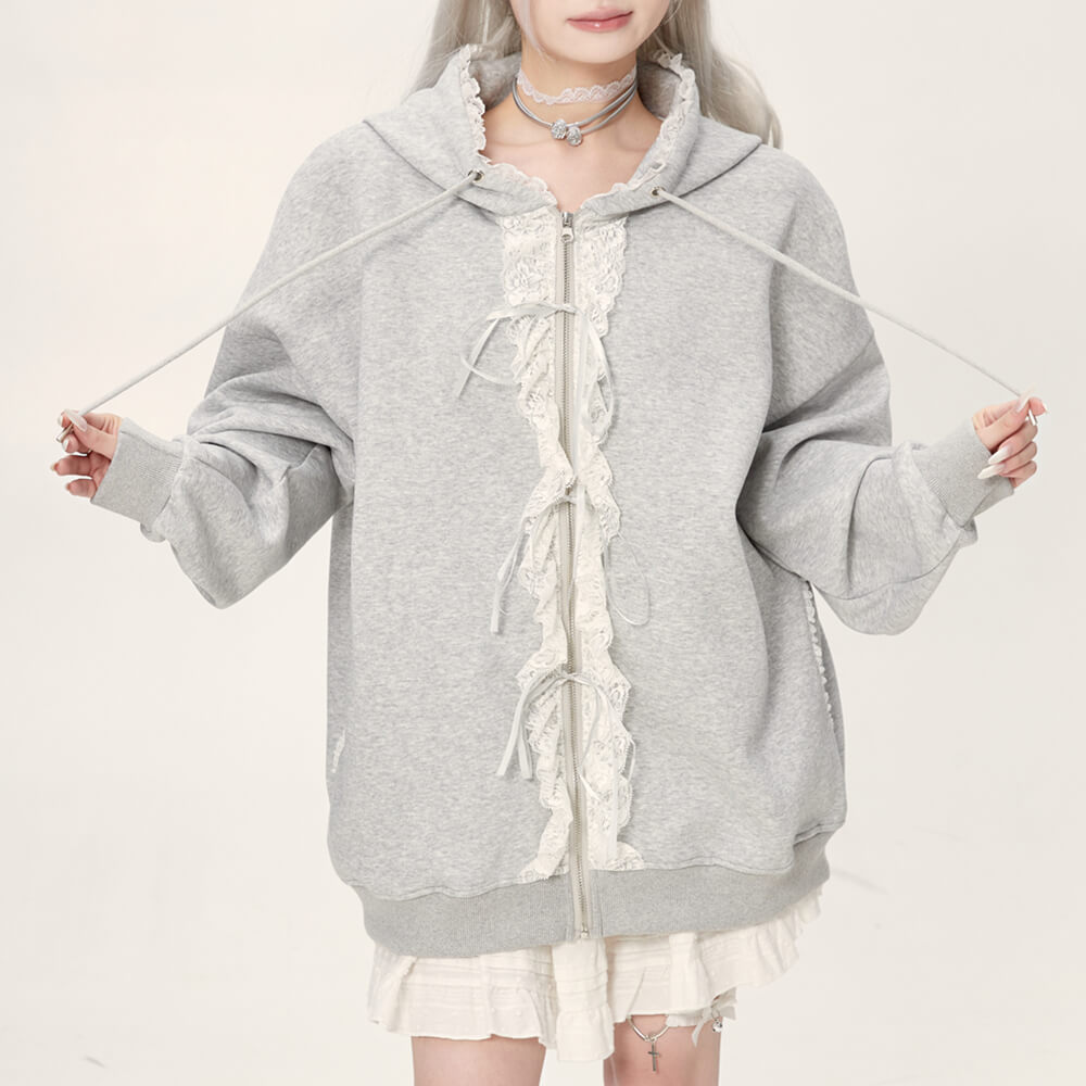GRAY LACE TRIM COQUETTE HOODIE WITH RUFFLE DETAILS