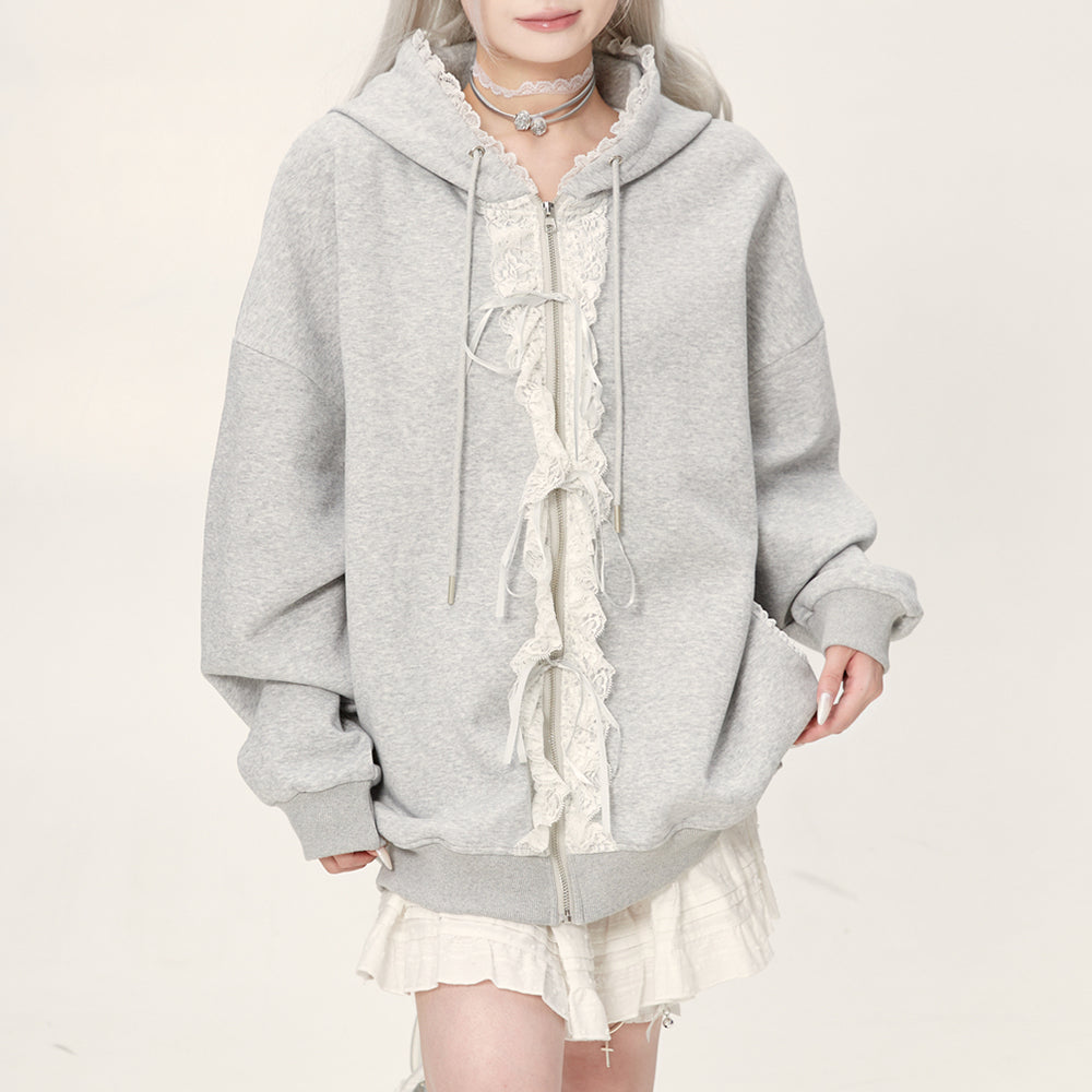GRAY LACE TRIM COQUETTE HOODIE WITH RUFFLE DETAILS