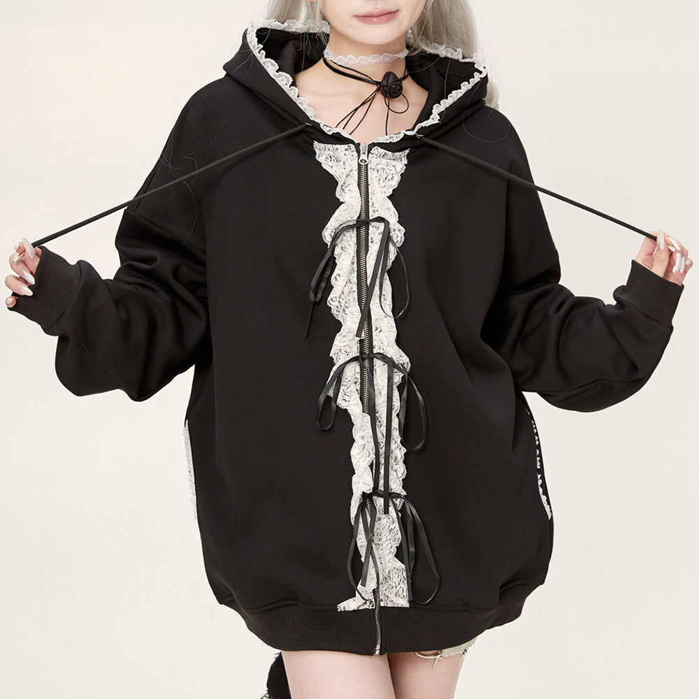 GRAY LACE TRIM COQUETTE HOODIE WITH RUFFLE DETAILS