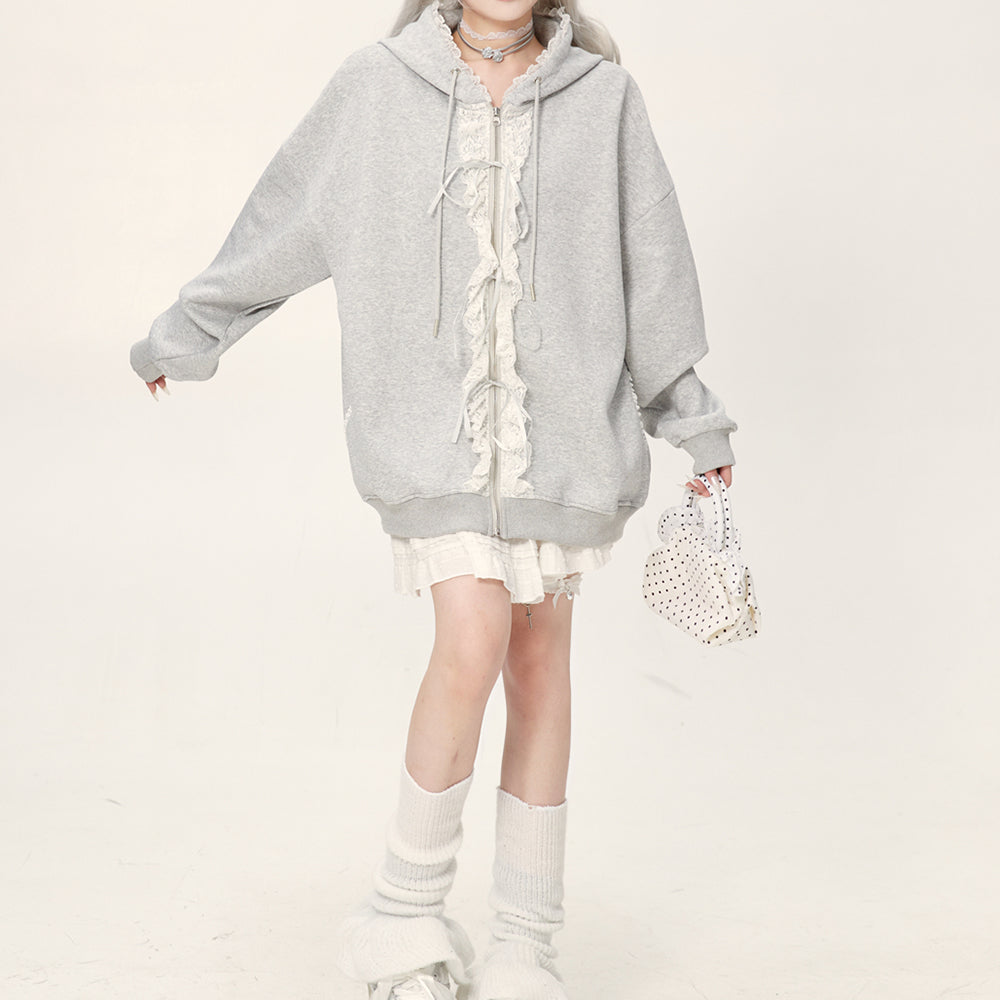 GRAY LACE TRIM COQUETTE HOODIE WITH RUFFLE DETAILS