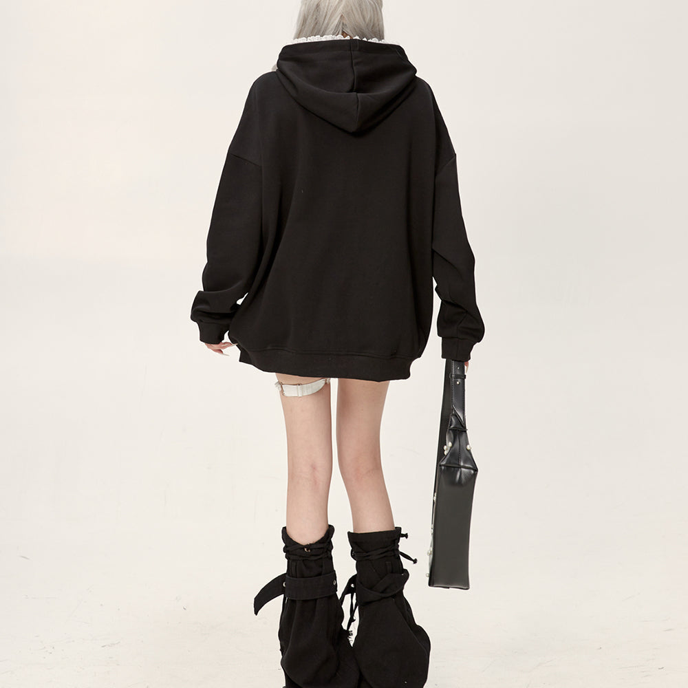 GRAY LACE TRIM COQUETTE HOODIE WITH RUFFLE DETAILS