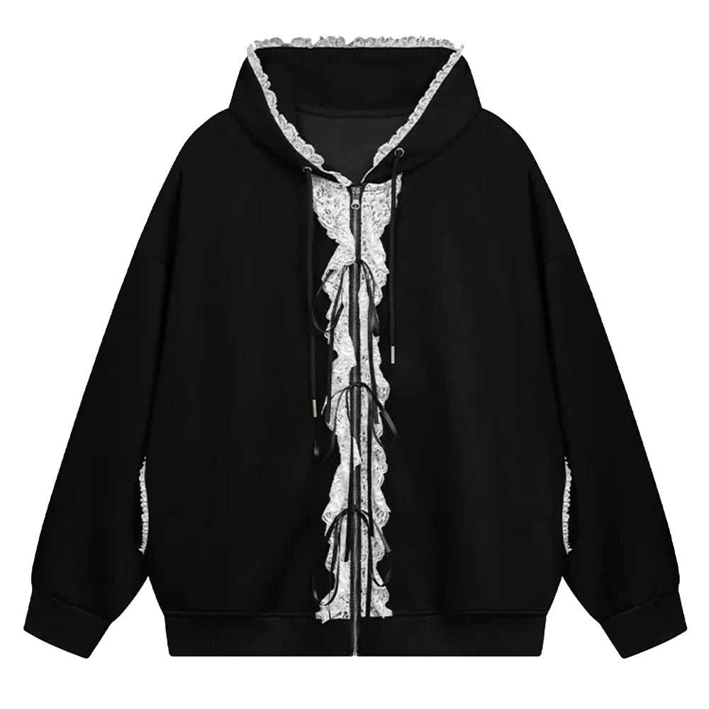 GRAY LACE TRIM COQUETTE HOODIE WITH RUFFLE DETAILS