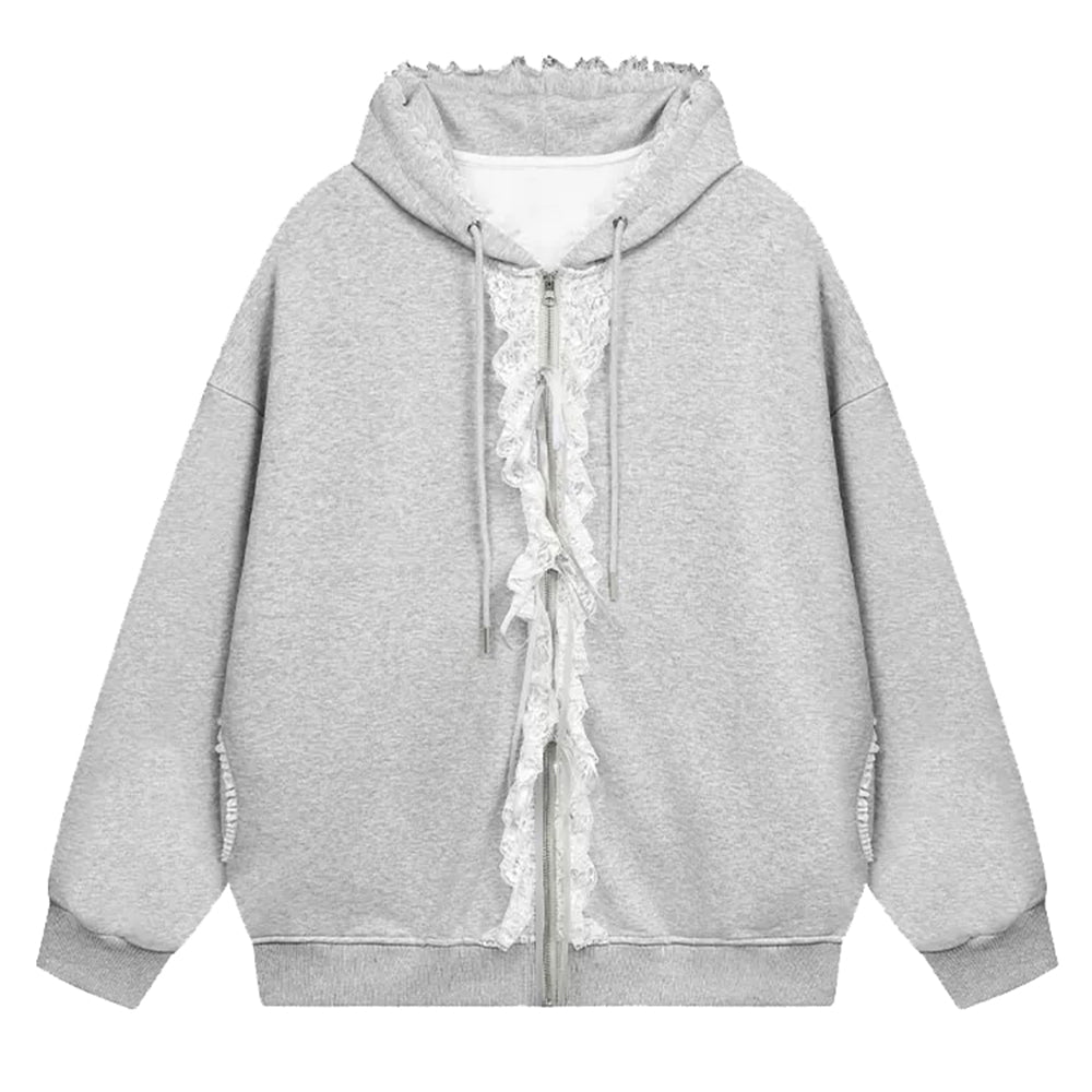 GRAY LACE TRIM COQUETTE HOODIE WITH RUFFLE DETAILS