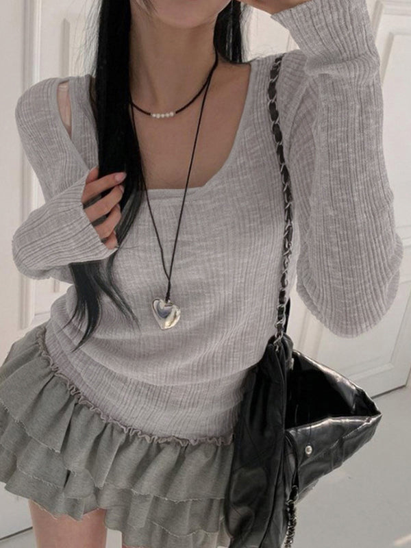 GRAY LAYERED RUFFLE SKIRT AND LONG SLEEVE KNIT TOP SET SLIM FIT